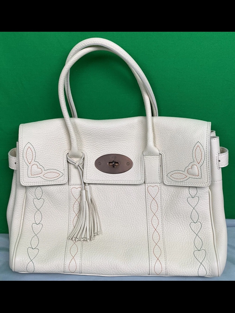 Mulberry White Leather Satchel with Heart Stitching and Tassel